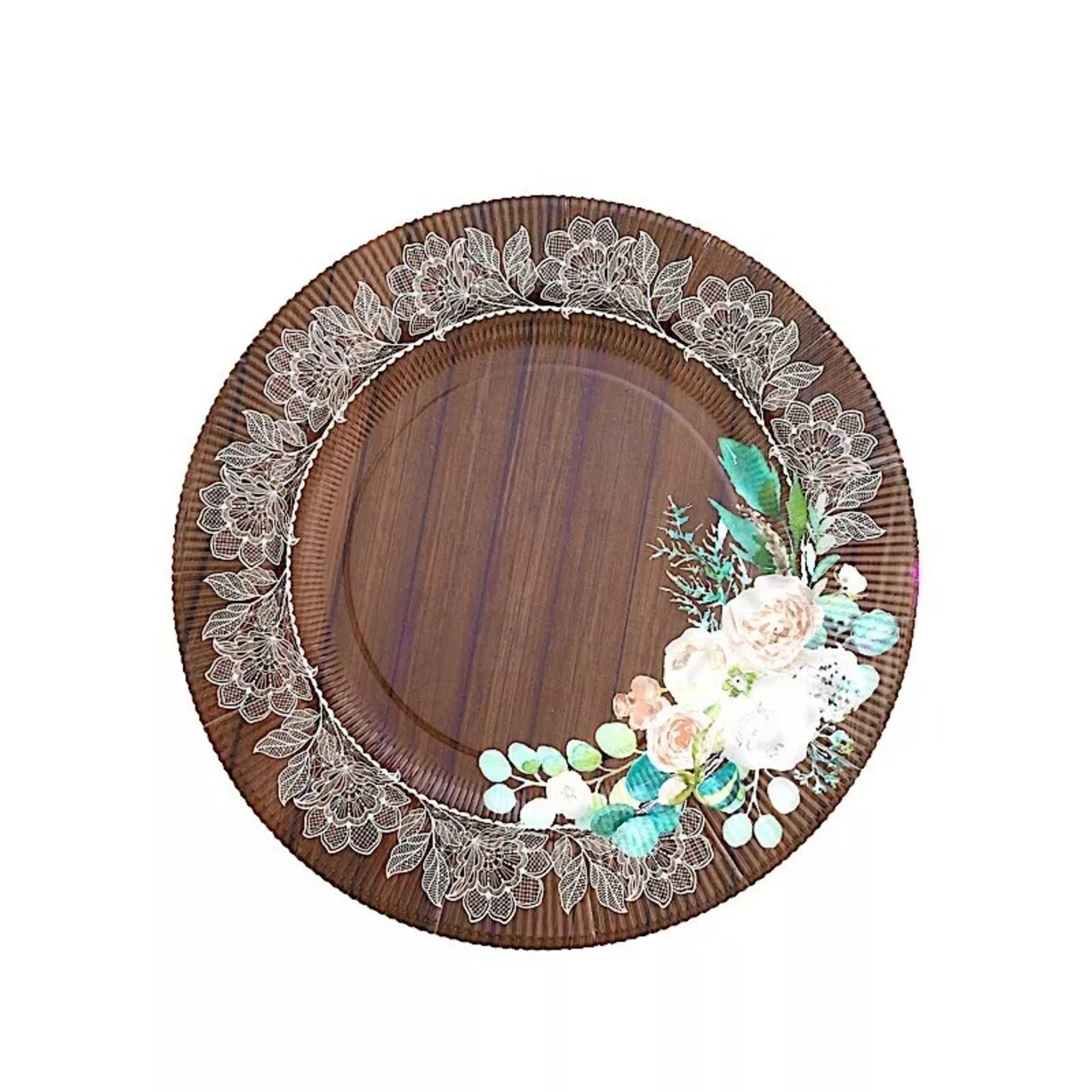 Brown 25 Round 13" Wood Print Paper Charger Plates Floral Lace Rim Party Events